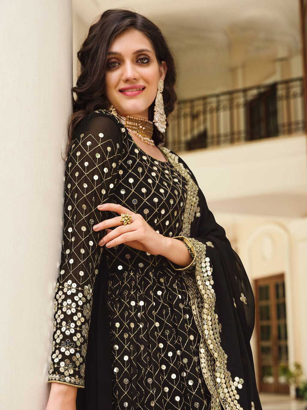 Long Georgette Anarkali Dress with Sequence Mirror Work - Shree Shringar