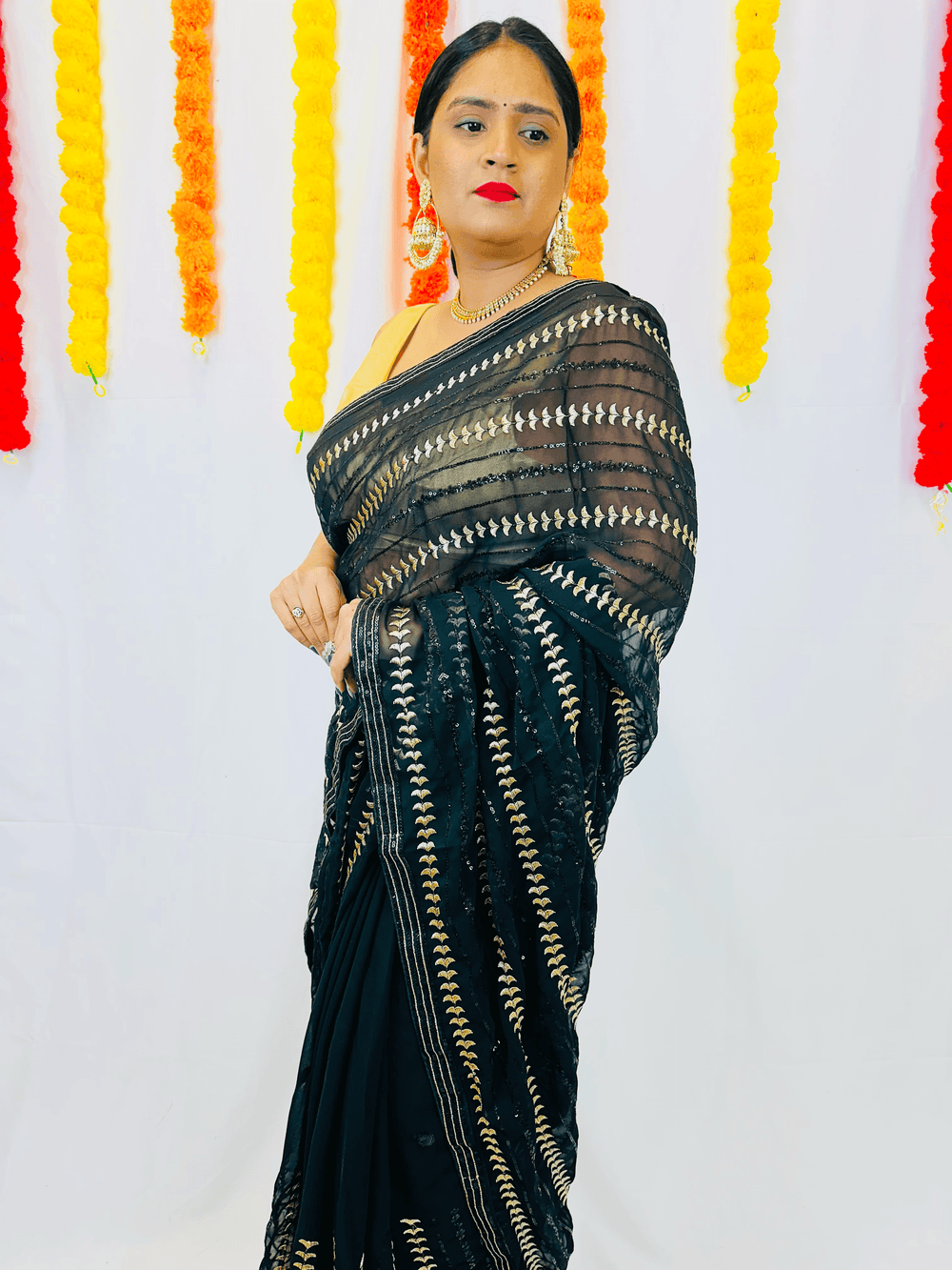 Elegant Black Chiffon Saree with Luxurious Gold Sequin Work - Shree Shringar