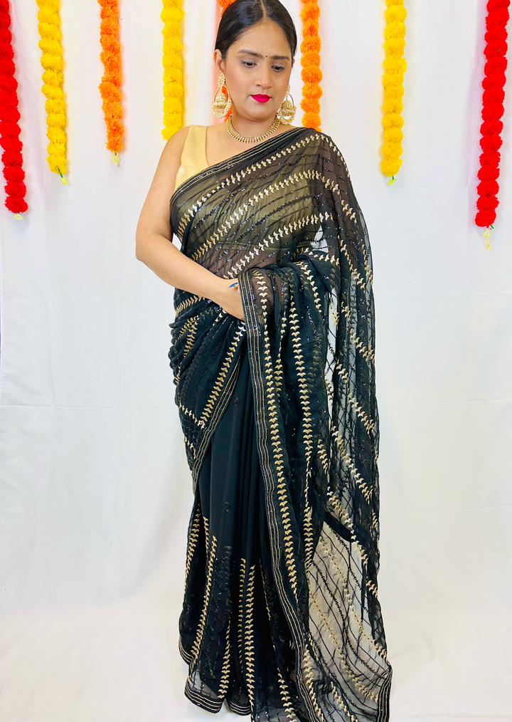 Elegant Black Chiffon Saree with Luxurious Gold Sequin Work - Shree Shringar