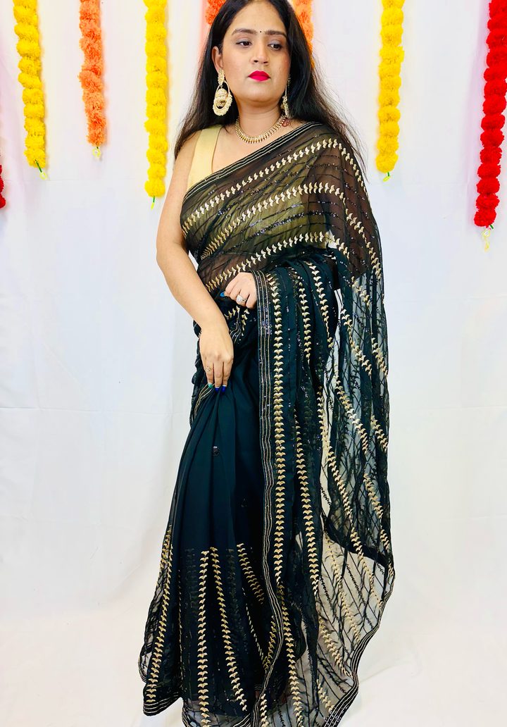 Elegant Black Chiffon Saree with Luxurious Gold Sequin Work - Shree Shringar