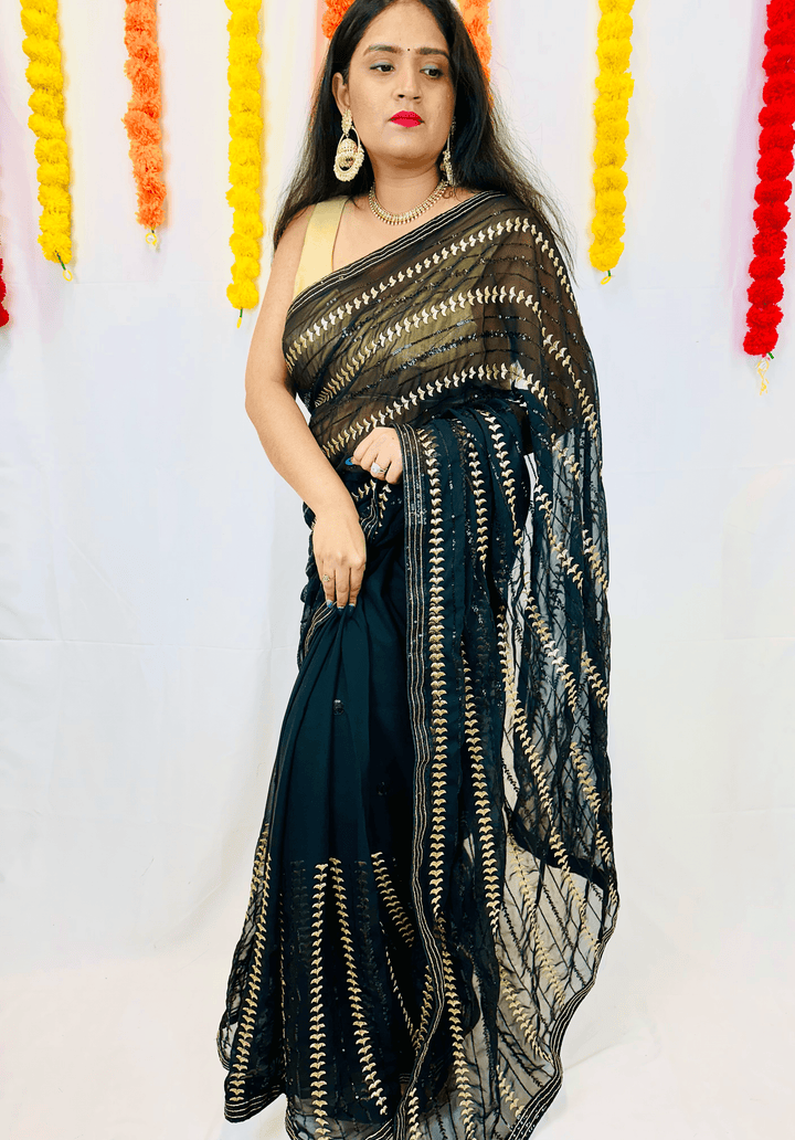 Elegant Black Chiffon Saree with Luxurious Gold Sequin Work - Shree Shringar