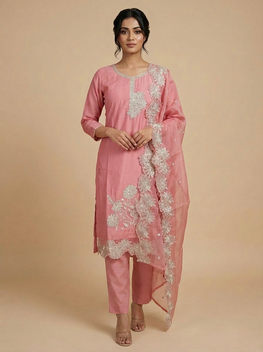 Dusty pink Roman silk handwork kurti set with dupatta UK embroidered outfit