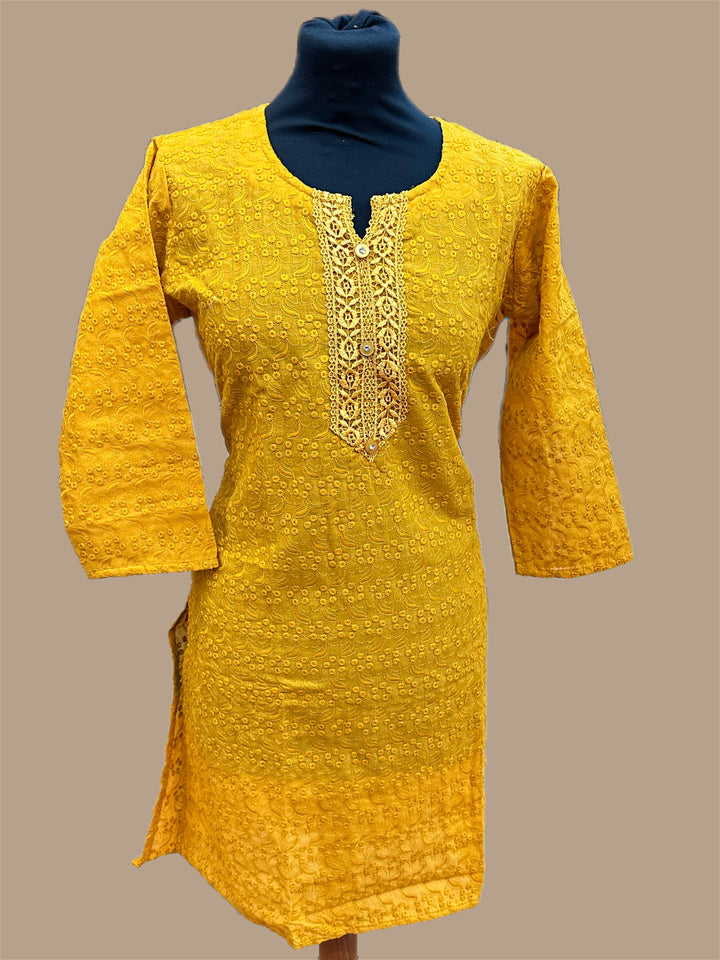 Cotton Lucknowi Kurti with Floral Dot Pattern - Short Length - Shree Shringar