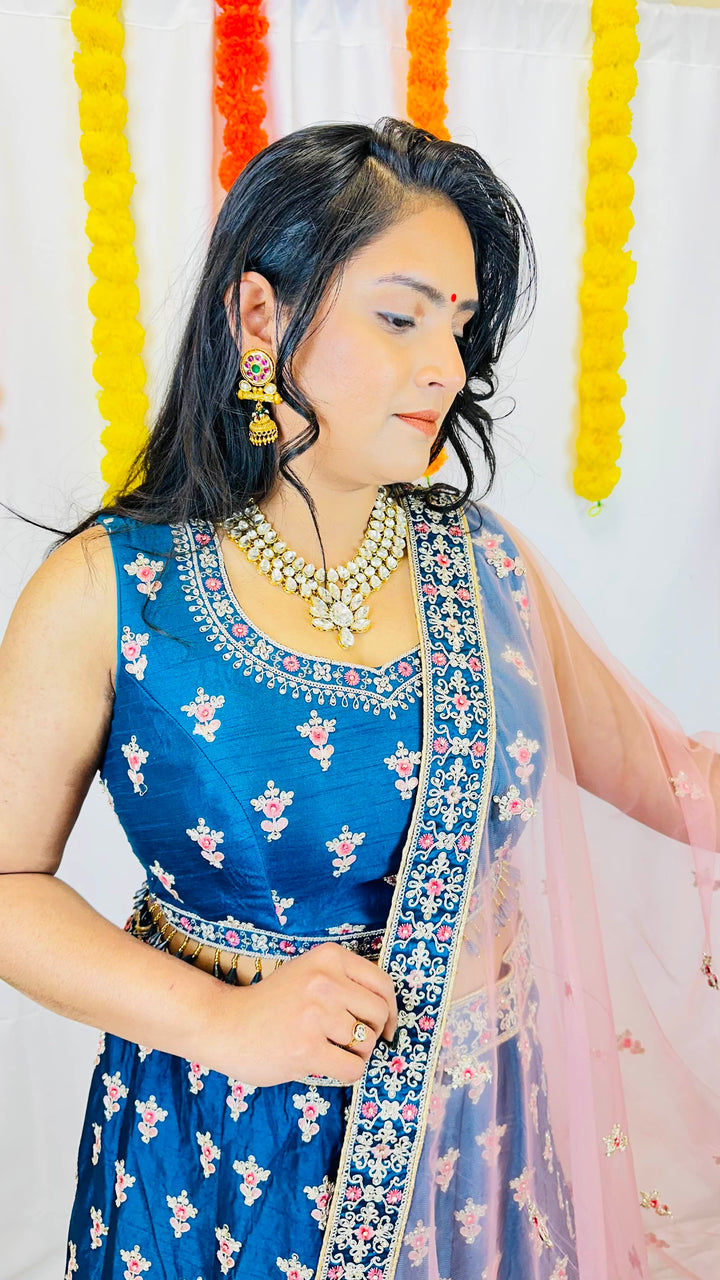 Readymade Raw Silk Lehenga Choli with Net Dupatta - Elegant Embroidery & Dazzling Diamond Work - Shree Shringar