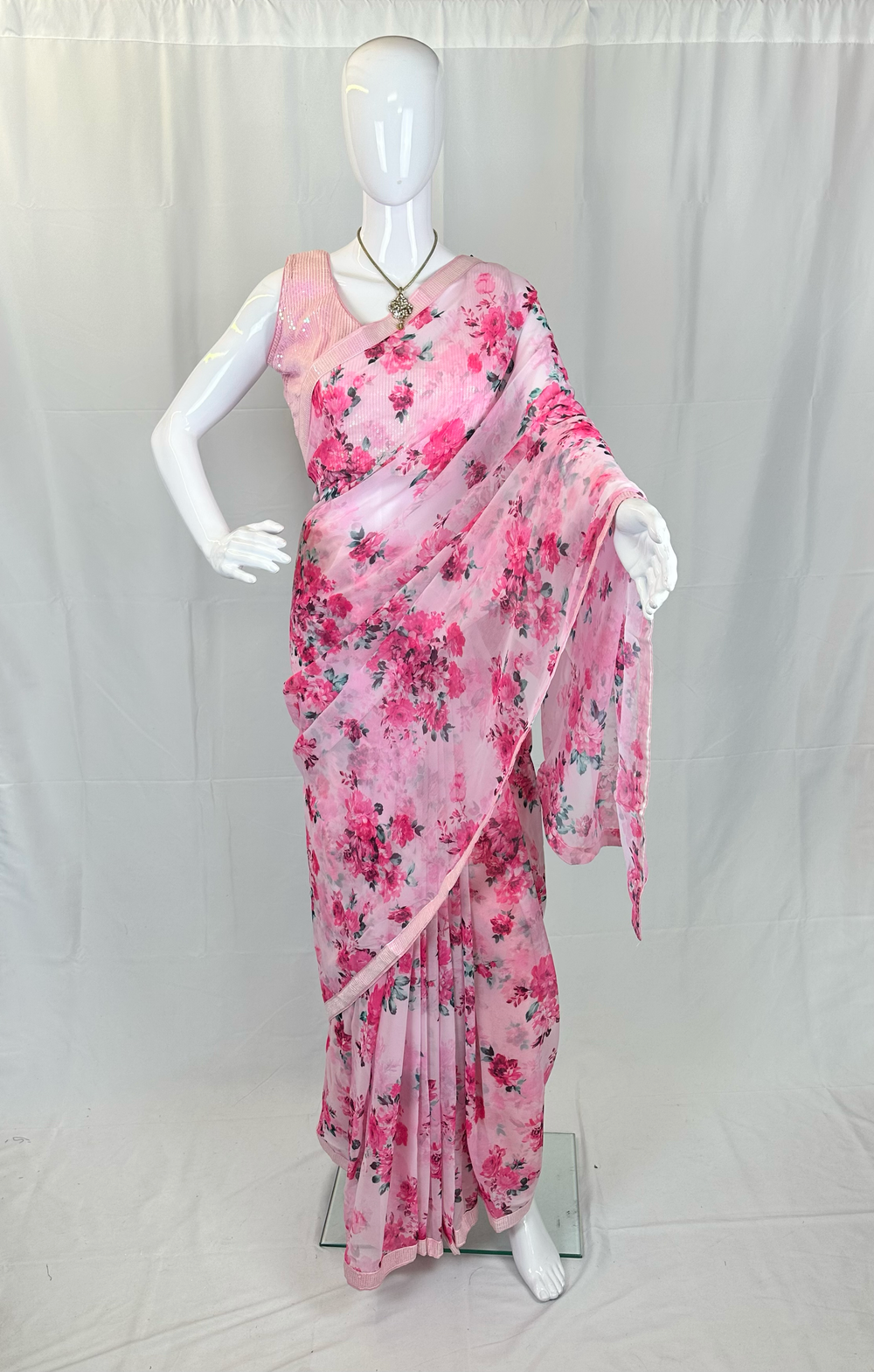Chiffon Floral Print Saree with Sequin Border & Blouse Set - Shree Shringar