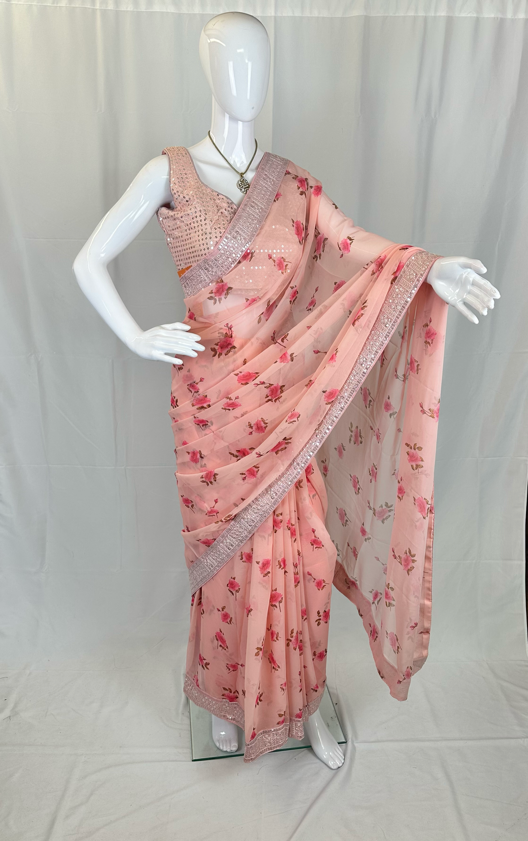 Elegant Chiffon Rose Print Saree with Sequinned Border & Blouse - Shree Shringar