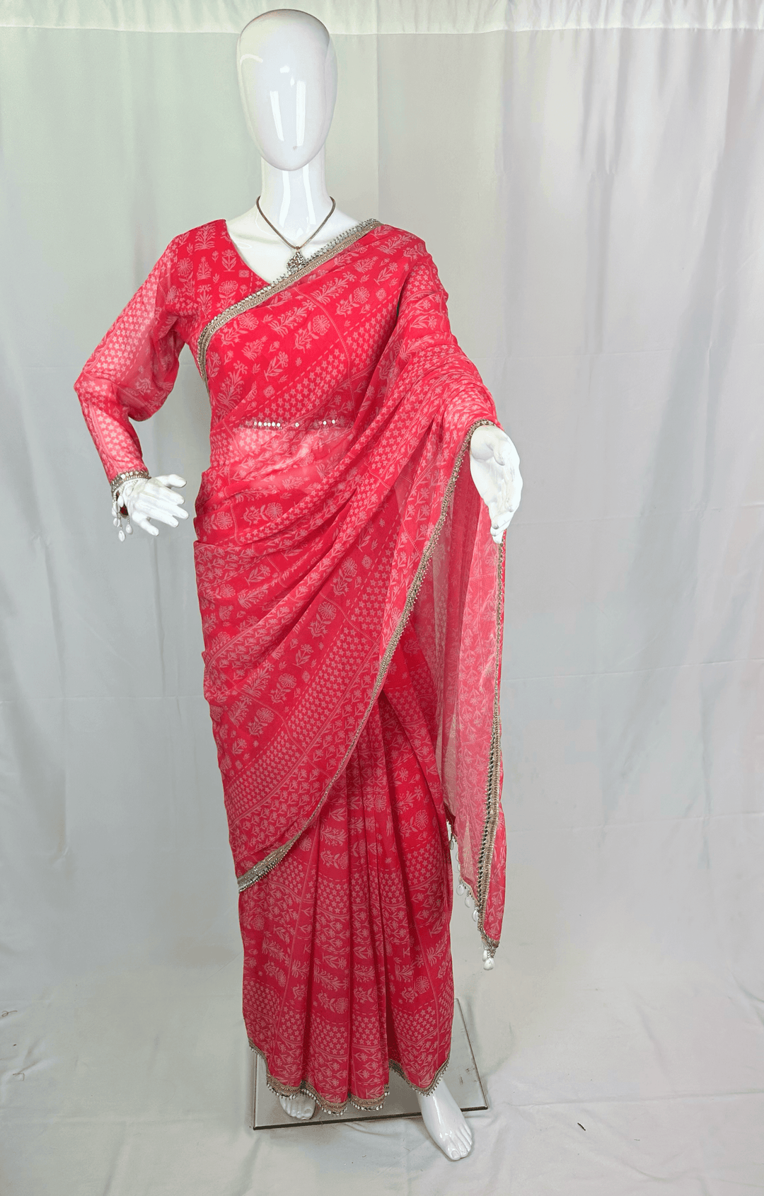 Chiffon Floral Abstract Print Saree with Kodi (Cowrie Shell) Border & Full-Sleeve Blouse - Shree Shringar