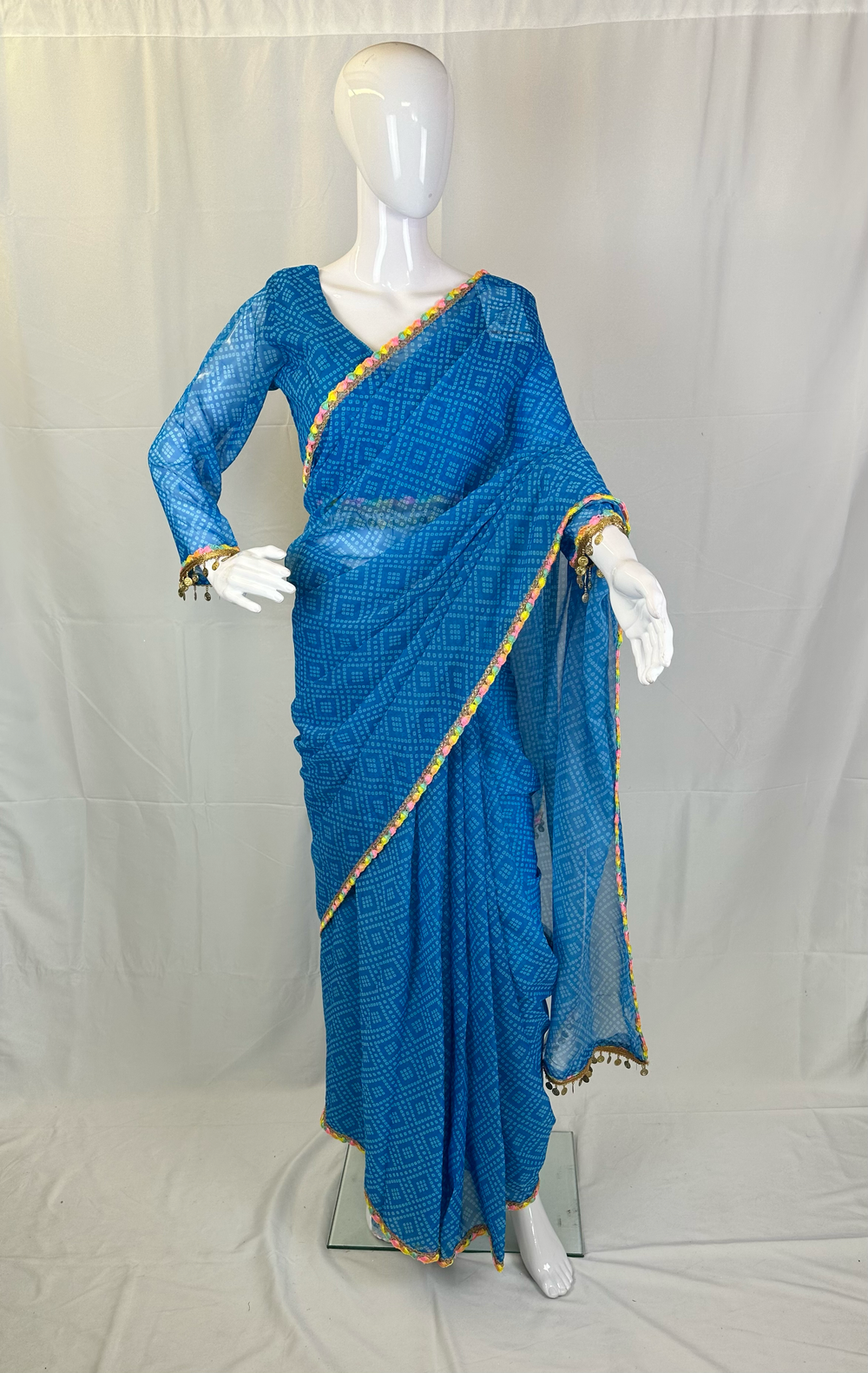 Vibrant Blue Chiffon Bandhani Print Saree with Lace Patti Border & Stitched Blouse - Shree Shringar