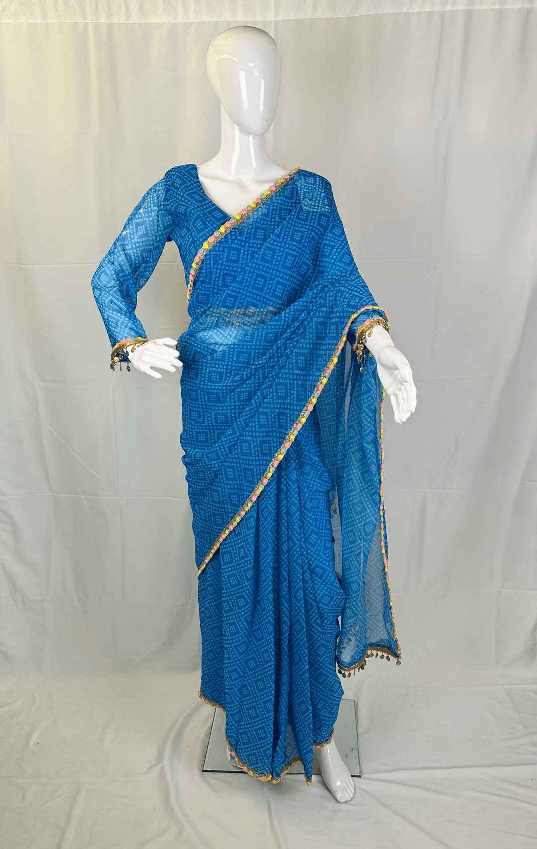 Vibrant Blue Chiffon Bandhani Print Saree with Lace Patti Border & Stitched Blouse - Shree Shringar