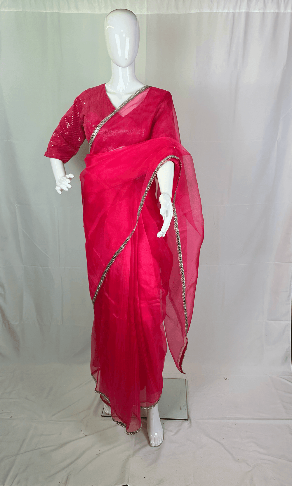 Organza Plain Saree with Mirror Work Border & Sequined Blouse - Shree Shringar