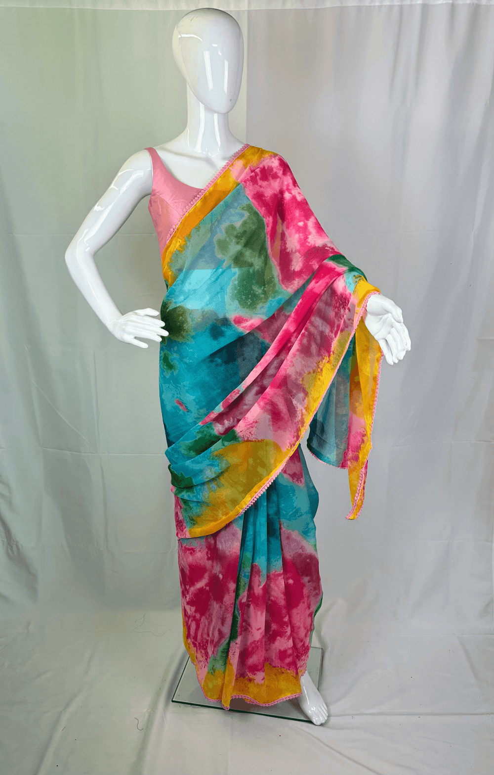 Abstract Watercolour Print Chiffon Saree with Pink Blouse Piece - Shree Shringar