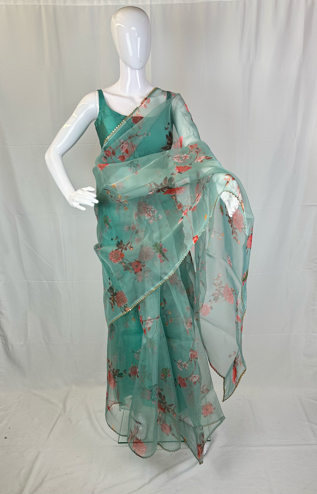 Organza Floral Printed Saree with Coordinating Plain Blouse Piece - Shree Shringar