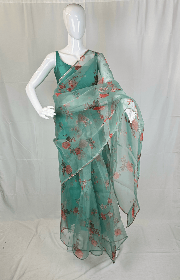 Organza Floral Printed Saree with Coordinating Plain Blouse Piece - Shree