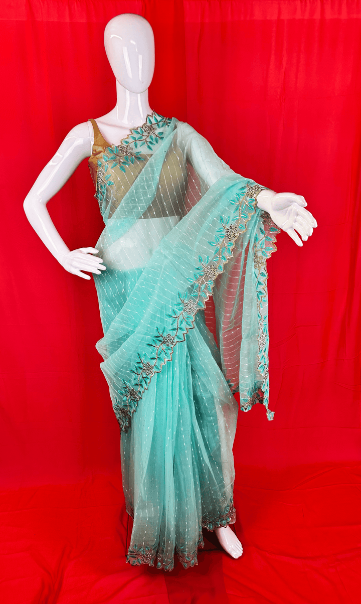 Ethereal Net Saree with Thread Work Border & Embellished Blouse Piece - Shree Shringar