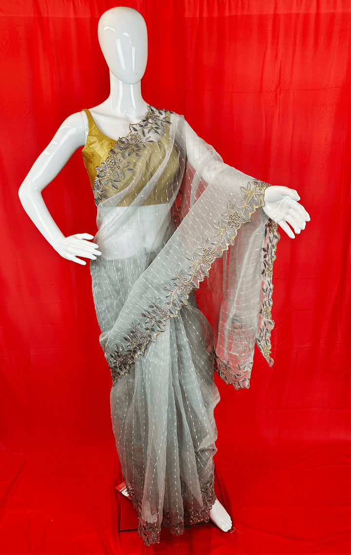 Ethereal Net Saree with Thread Work Border & Embellished Blouse Piece - Shree Shringar