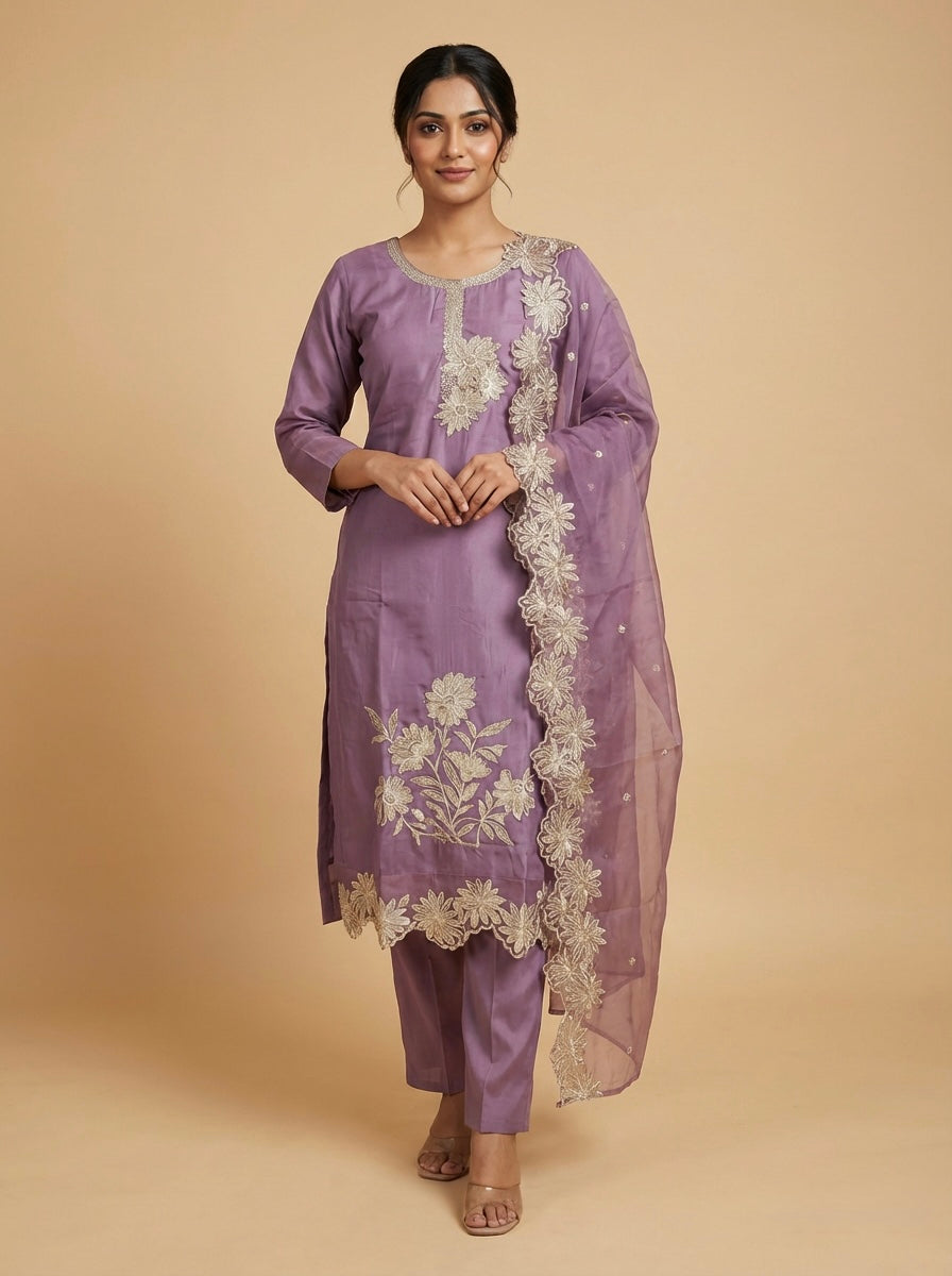 Lavender Roman silk embroidered kurti set with dupatta UK ethnic wear