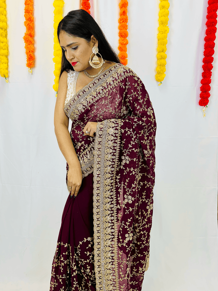 Elegant Georgette Saree with Exquisite Thread and Diamond Work - Shree Shringar