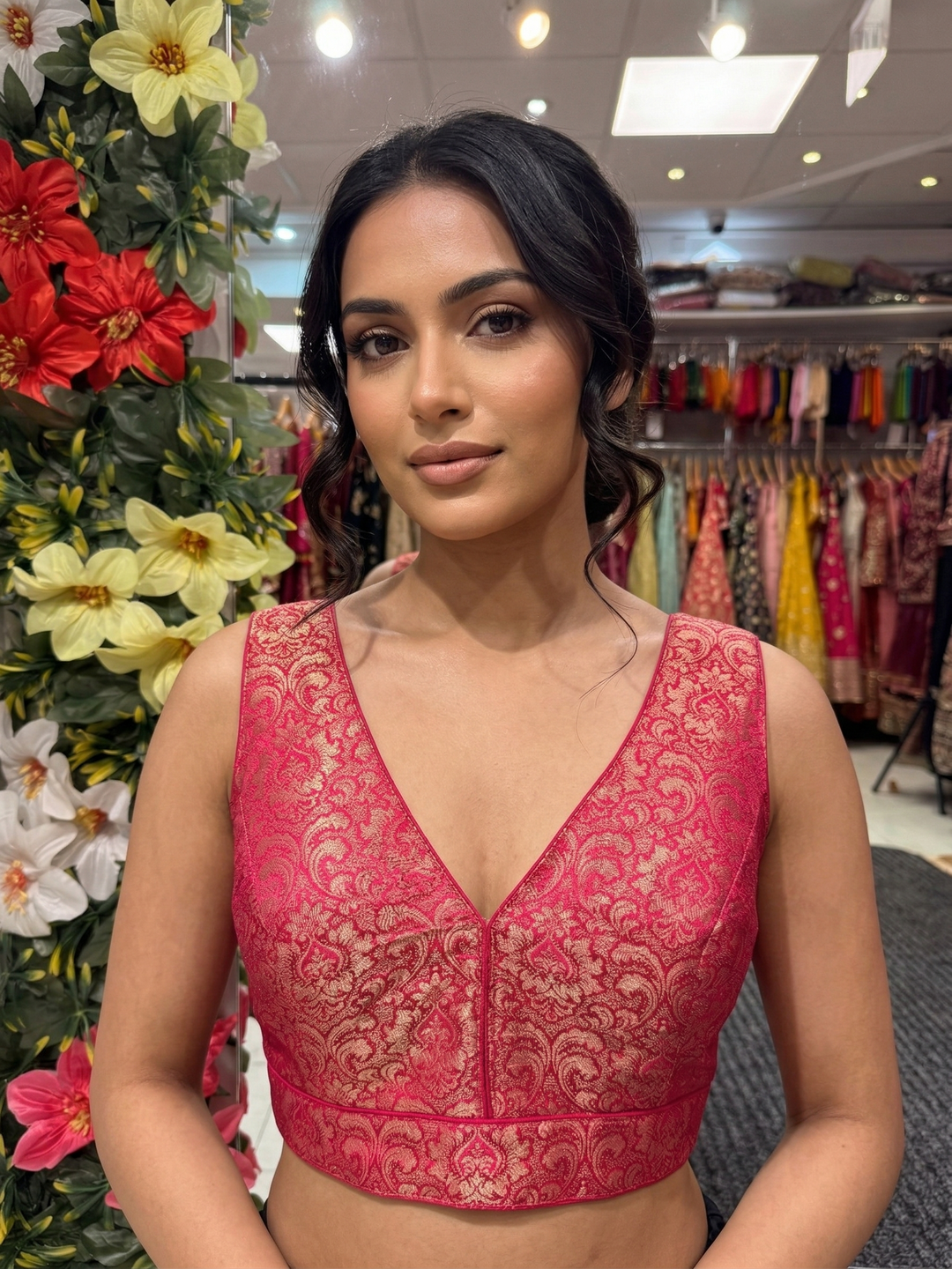 Silk Brocade V-Neck Blouse