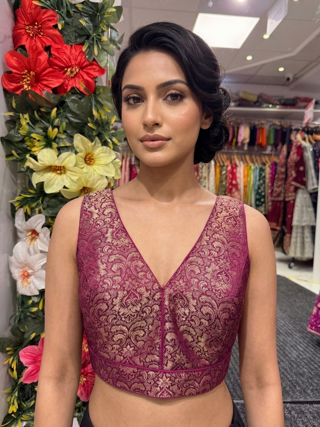 Silk Brocade V-Neck Blouse