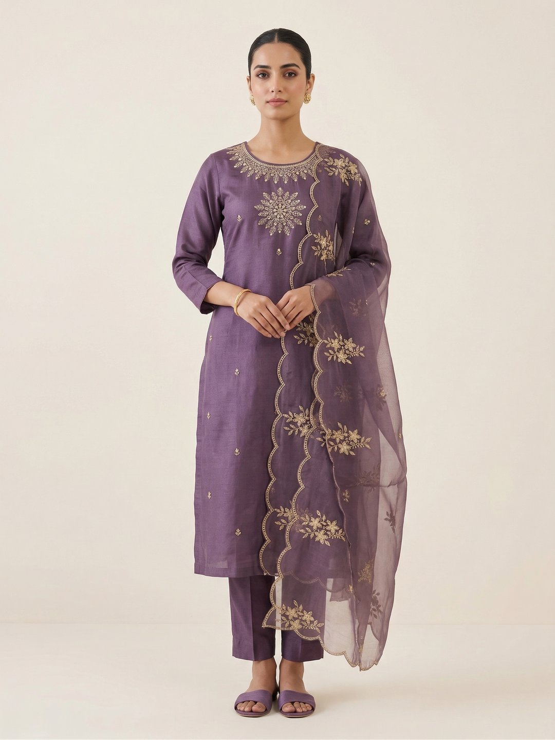 Purple Roman silk sequin kurti set with dupatta UK embroidered ethnic outfit