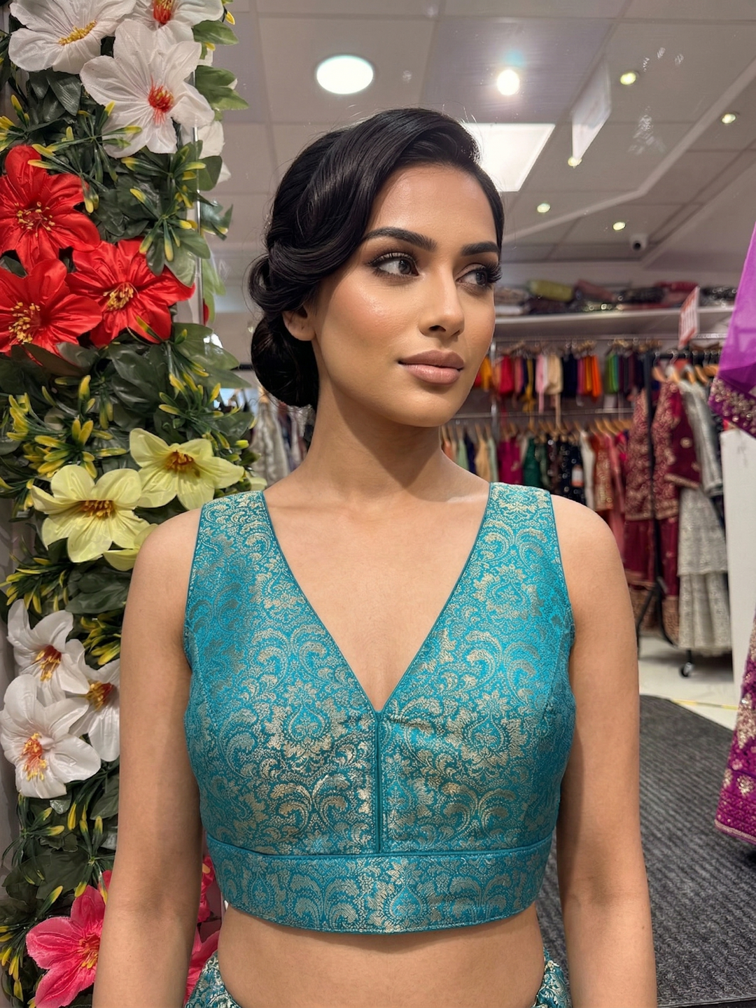 Silk Brocade V-Neck Blouse