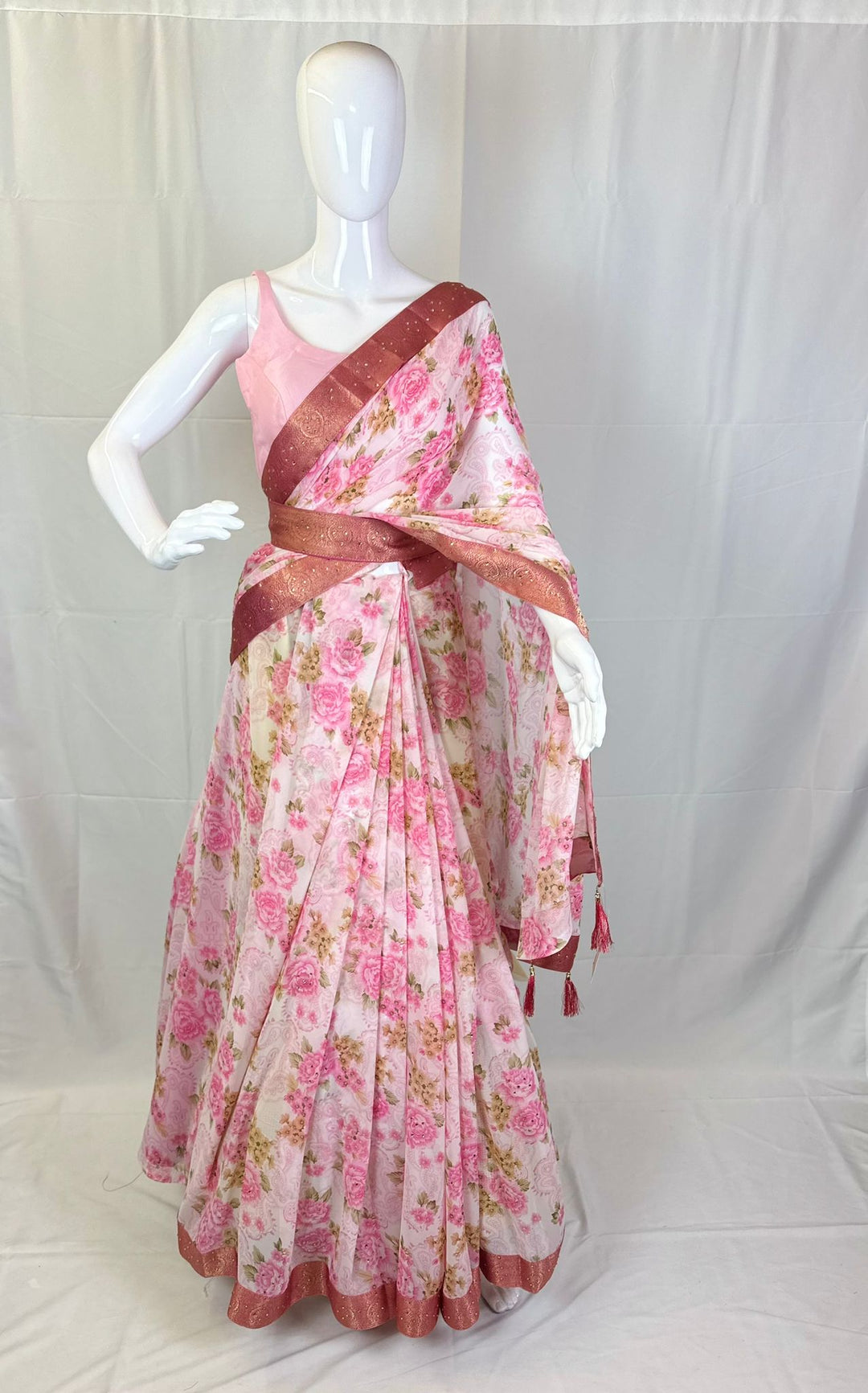 Charming Floral Georgette Saree with Stone Work & Matching Belt - Shree Shringar