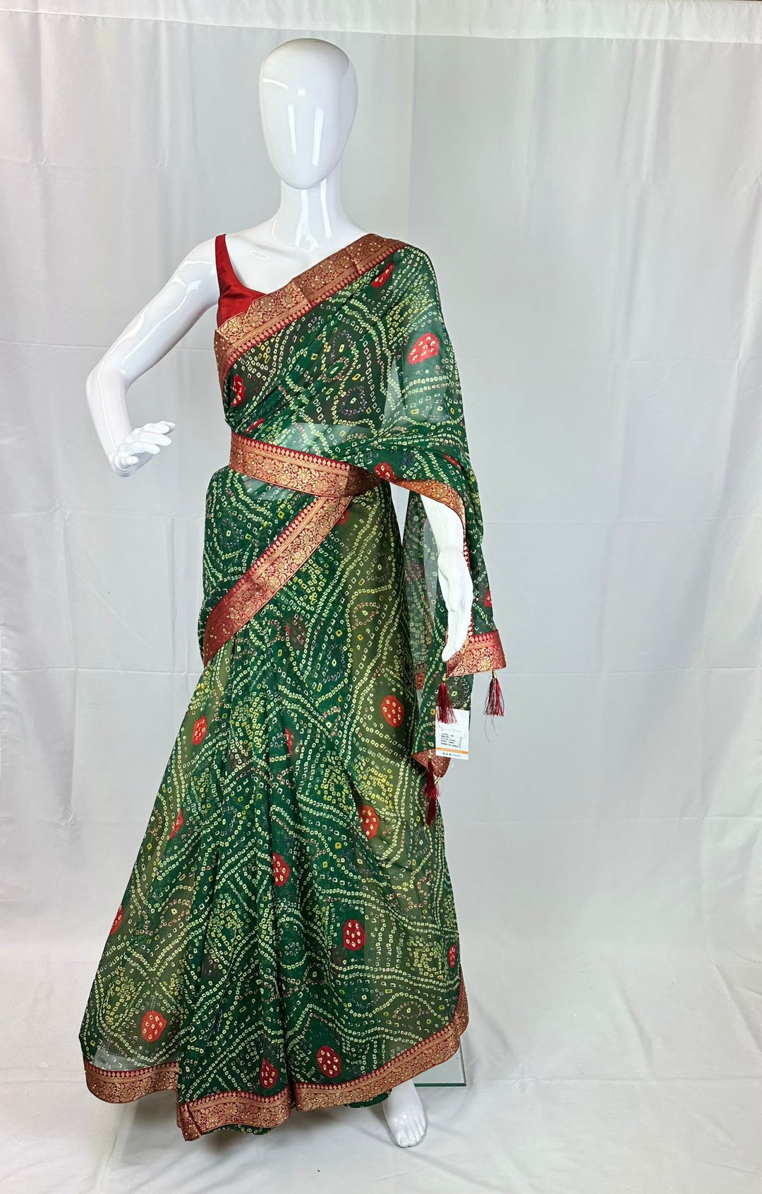 Traditional Bandhani Print Georgette Saree with Stone Work and Belt - Shree Shringar