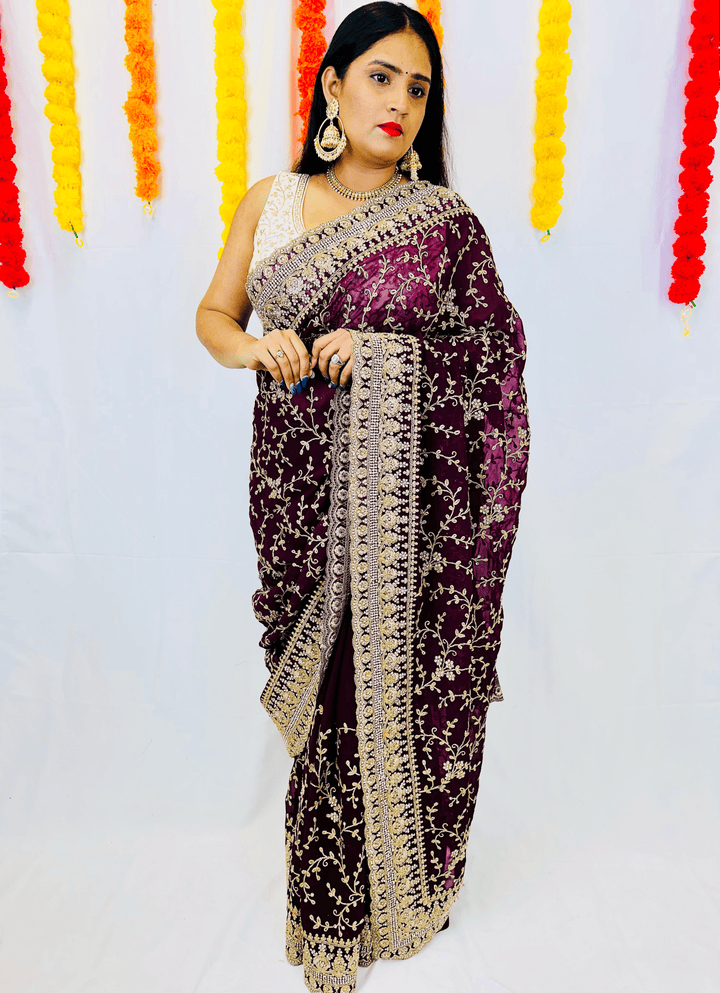 Elegant Georgette Saree with Exquisite Thread and Diamond Work - Shree Shringar