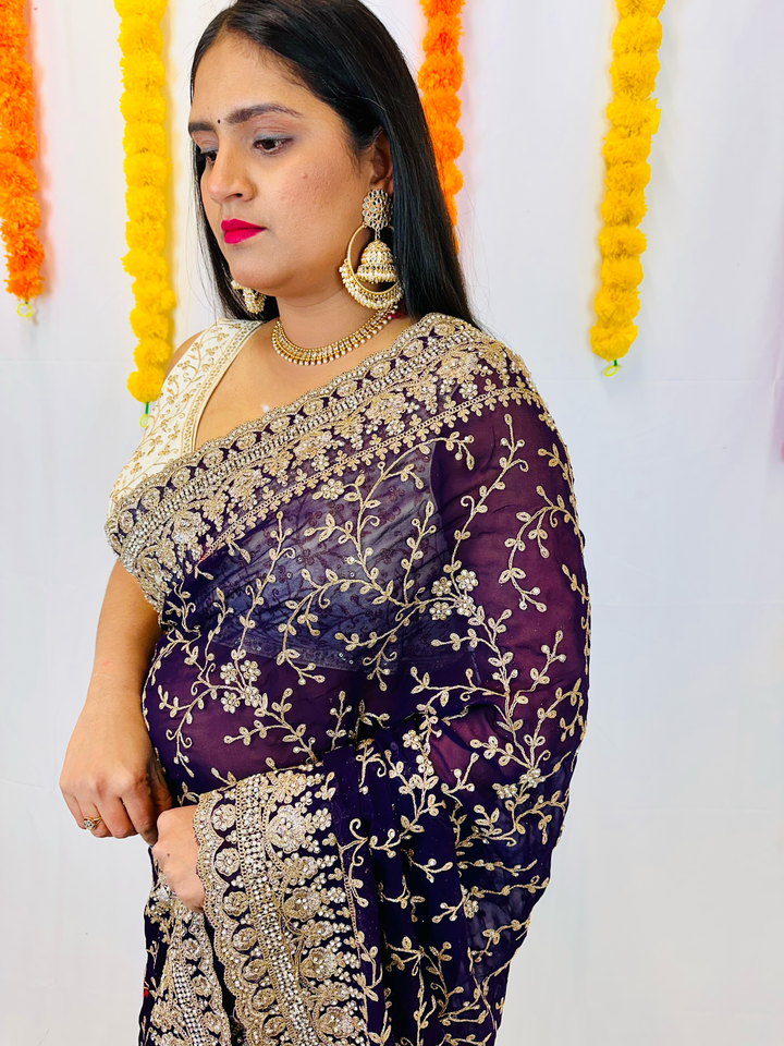 Elegant Georgette Saree with Exquisite Thread and Diamond Work - Shree Shringar