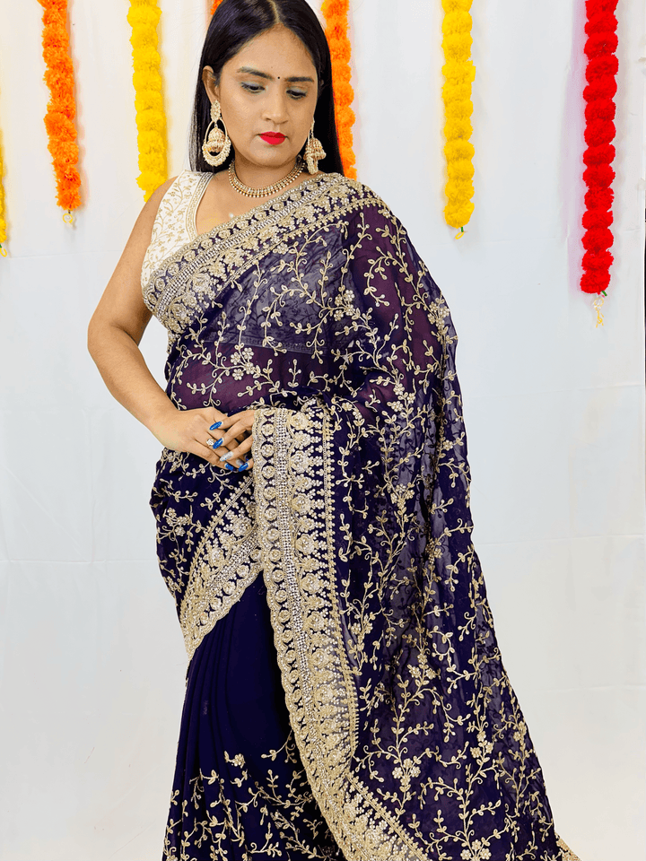 Elegant Georgette Saree with Exquisite Thread and Diamond Work - Shree Shringar