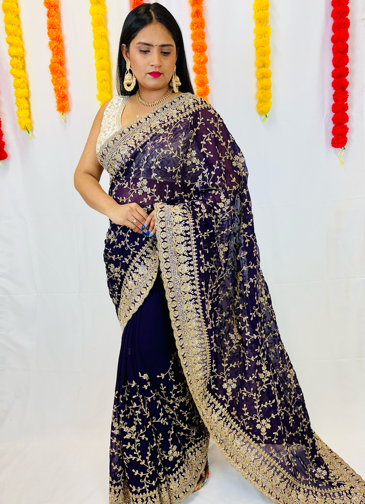 Elegant Georgette Saree with Exquisite Thread and Diamond Work - Shree Shringar