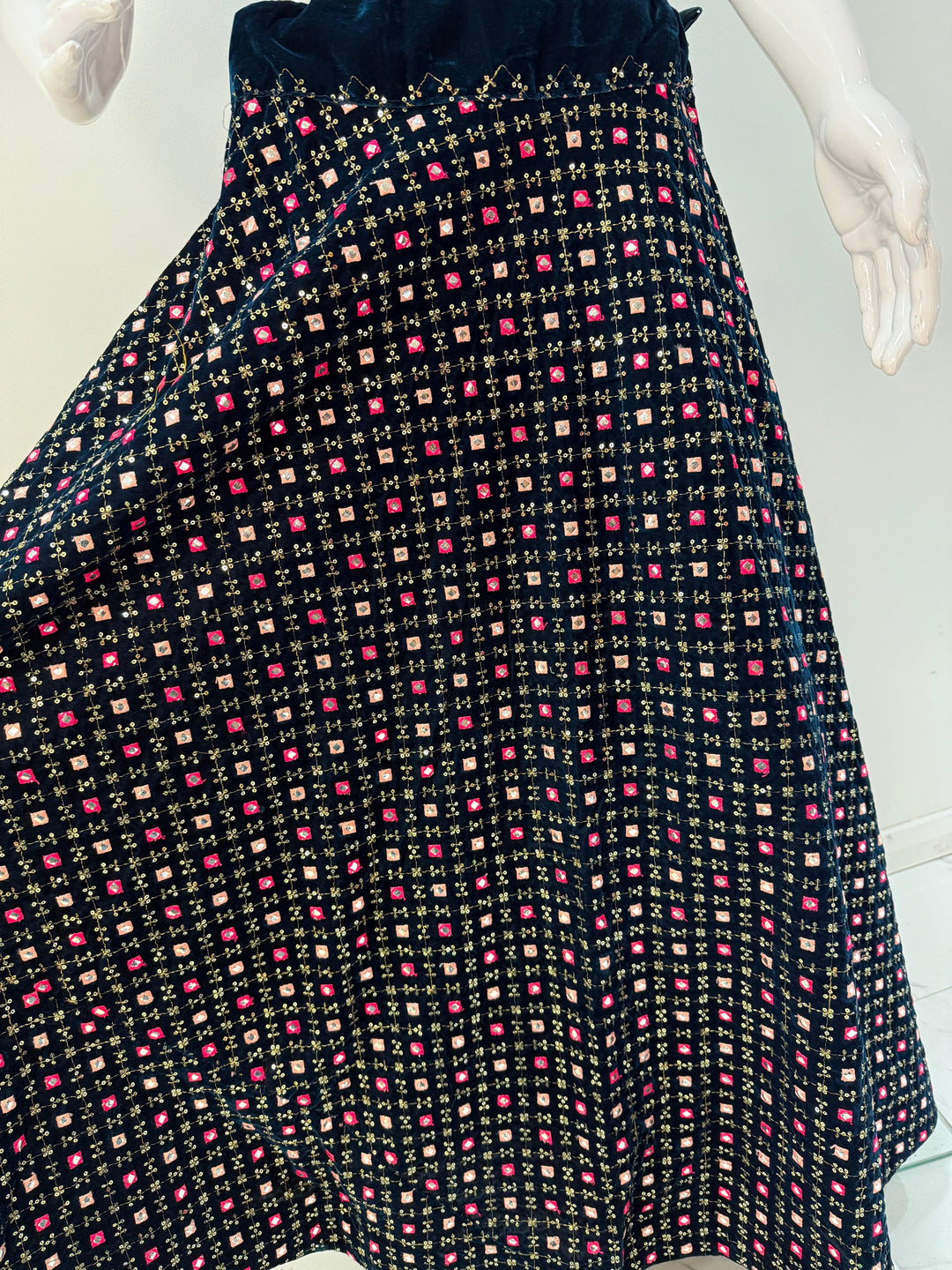 Elegant Velvet Lehenga Choli with Multicolour Embroidery and Mirror Sequins - Shree