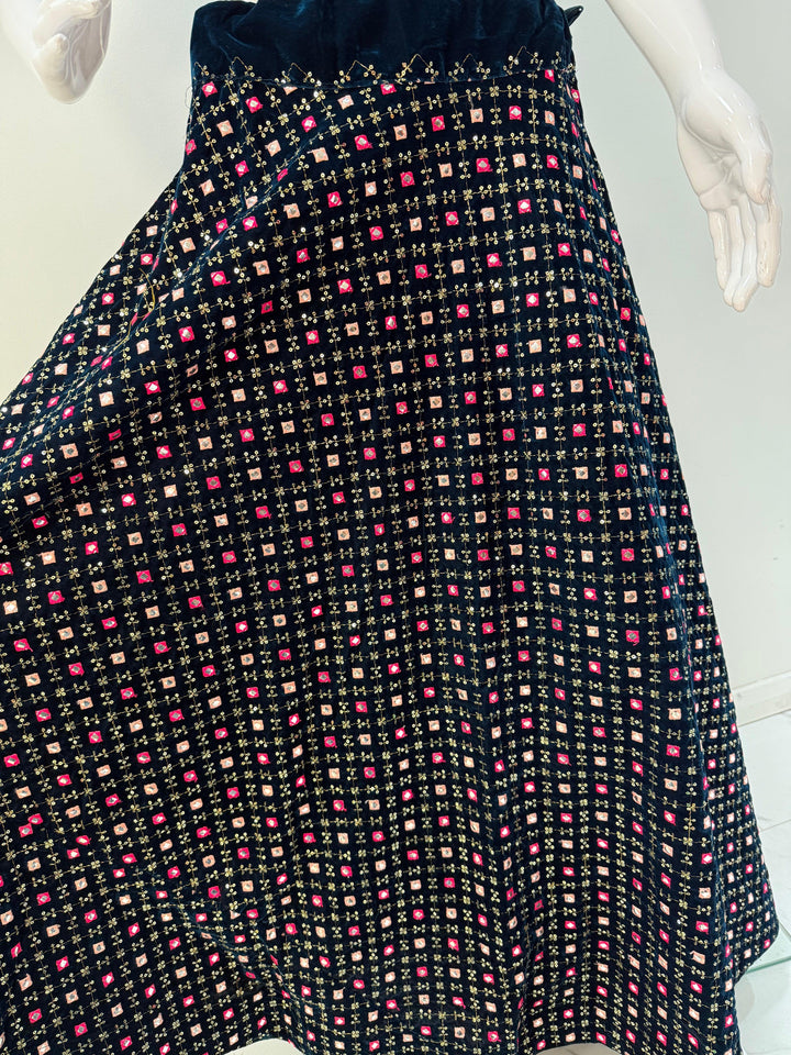 Elegant Velvet Lehenga Choli with Multicolour Embroidery and Mirror Sequins - Shree