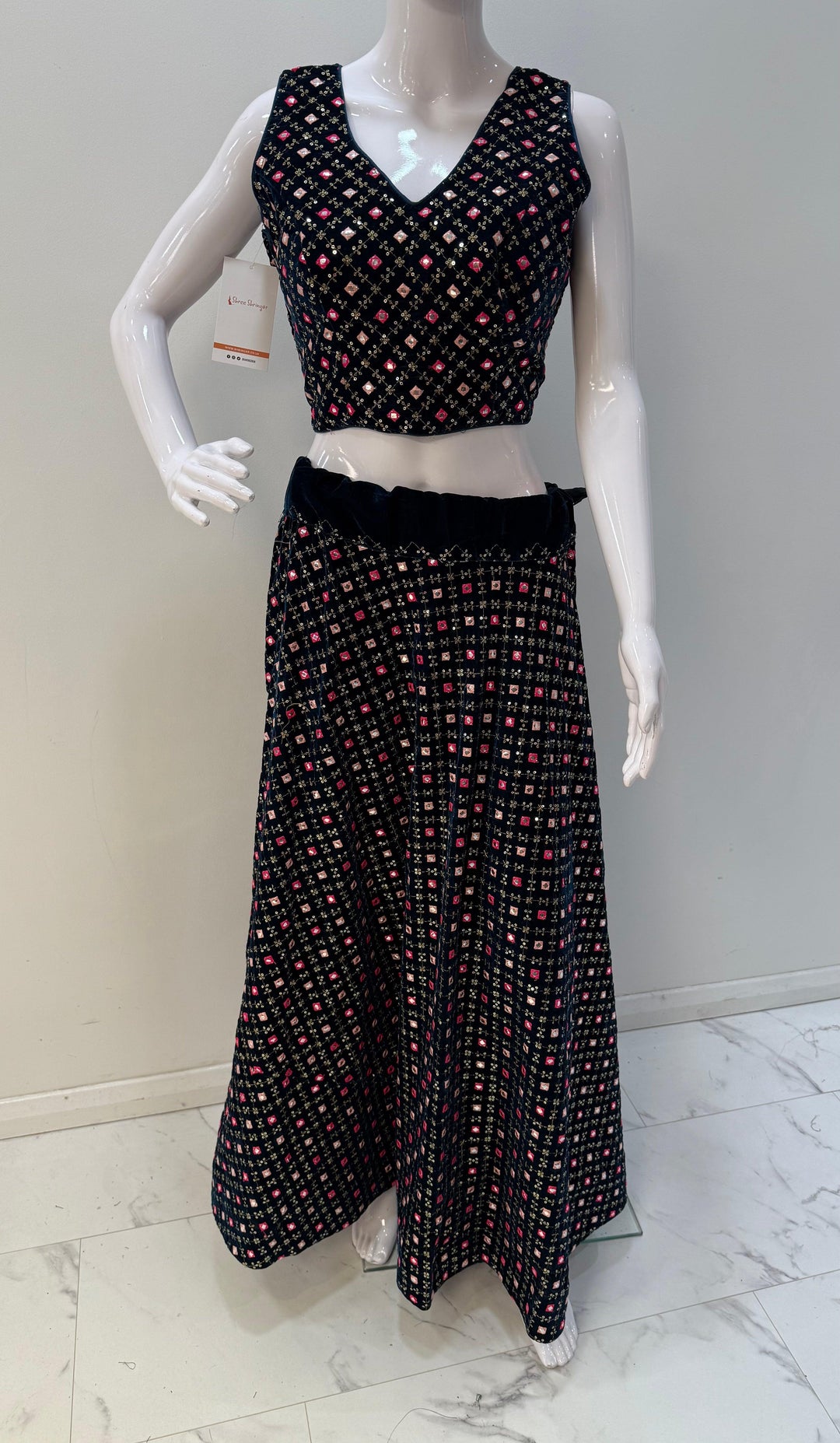 Elegant Velvet Lehenga Choli with Multicolour Embroidery and Mirror Sequins - Shree
