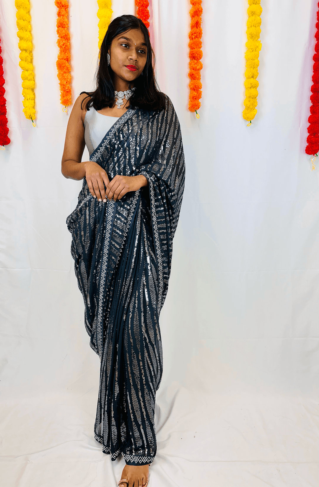 Chiffon Saree with Sparkling Sequin and Diamond Border - Shree Shringar