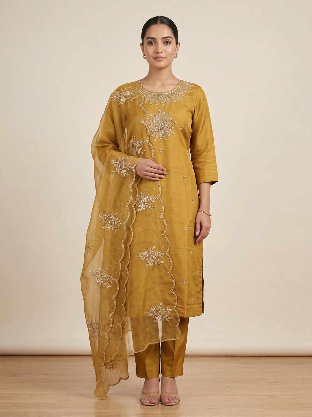Honey Mustard Roman silk kurti set with sequin work embroidered Indian outfit UK