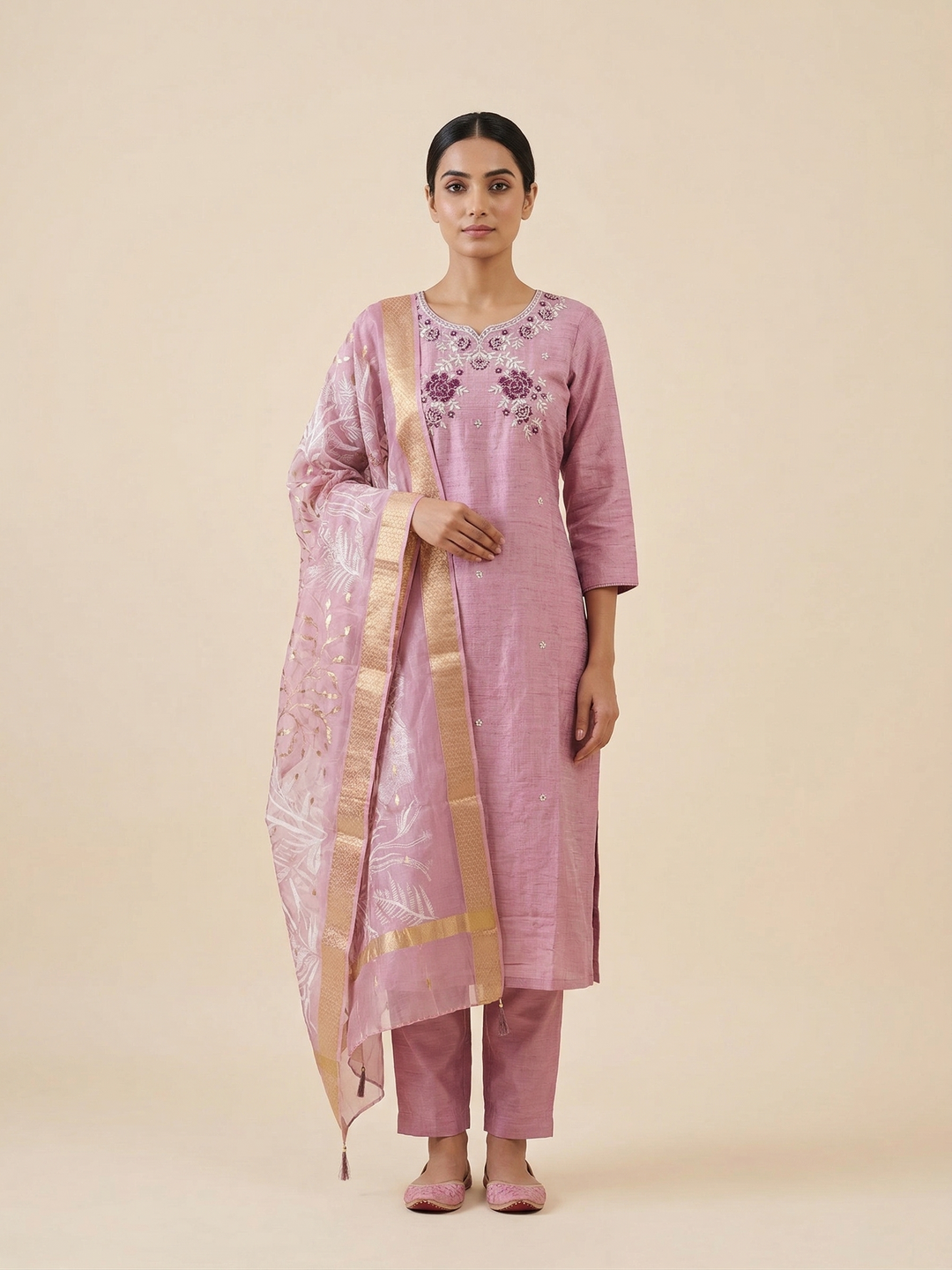 Lavender purple embroidered cotton kurti set with trousers and designer printed dupatta.