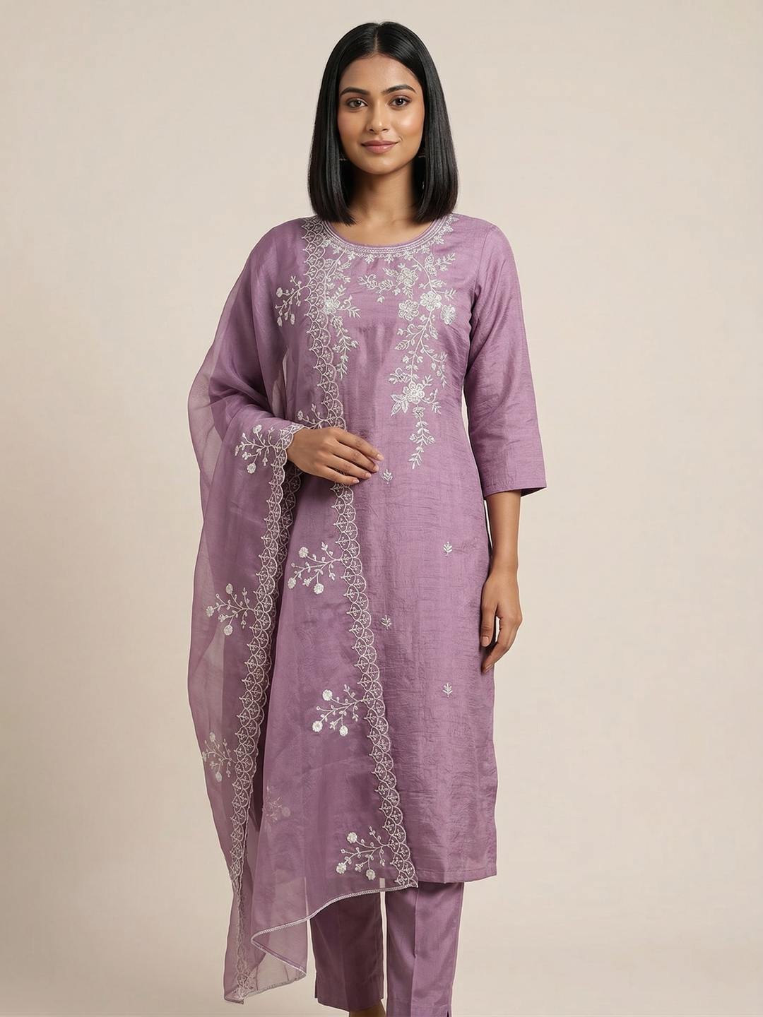 Lavender floral thread kurti set with dupatta UK embroidered kurta set women