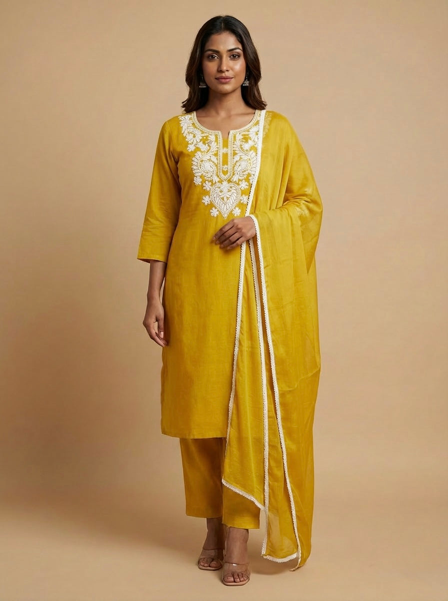 Mustard rayon Lucknowi kurti set with straight trousers and dupatta UK