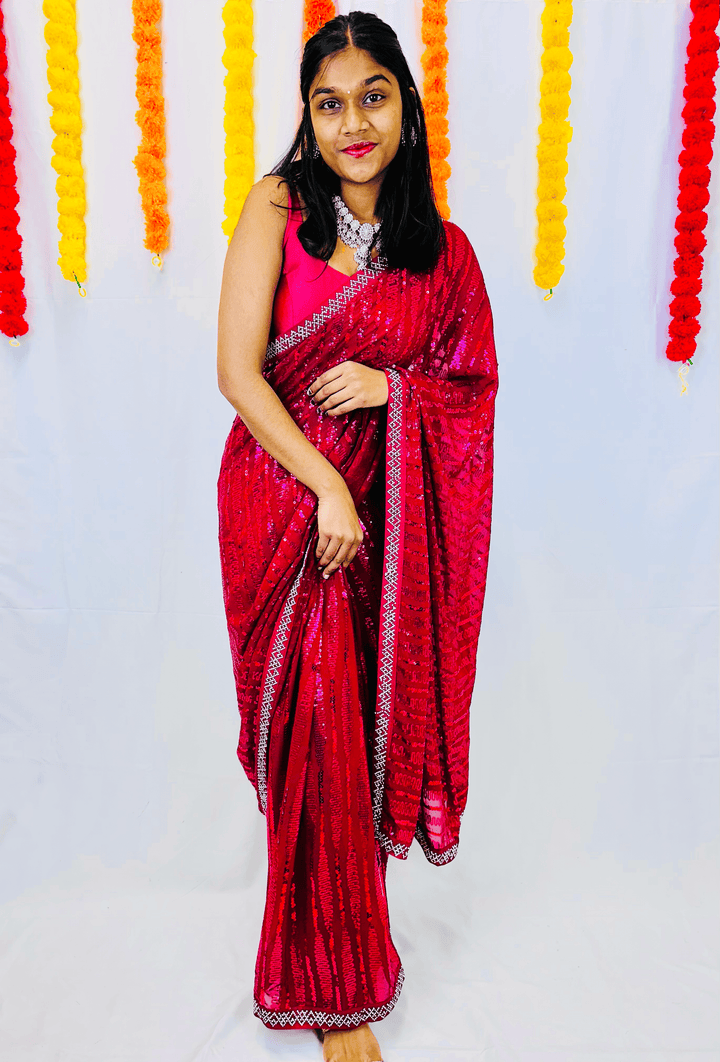 Chiffon Saree with Sparkling Sequin and Diamond Border - Shree Shringar