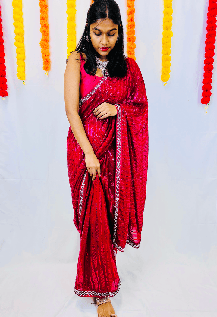 Chiffon Saree with Sparkling Sequin and Diamond Border - Shree Shringar