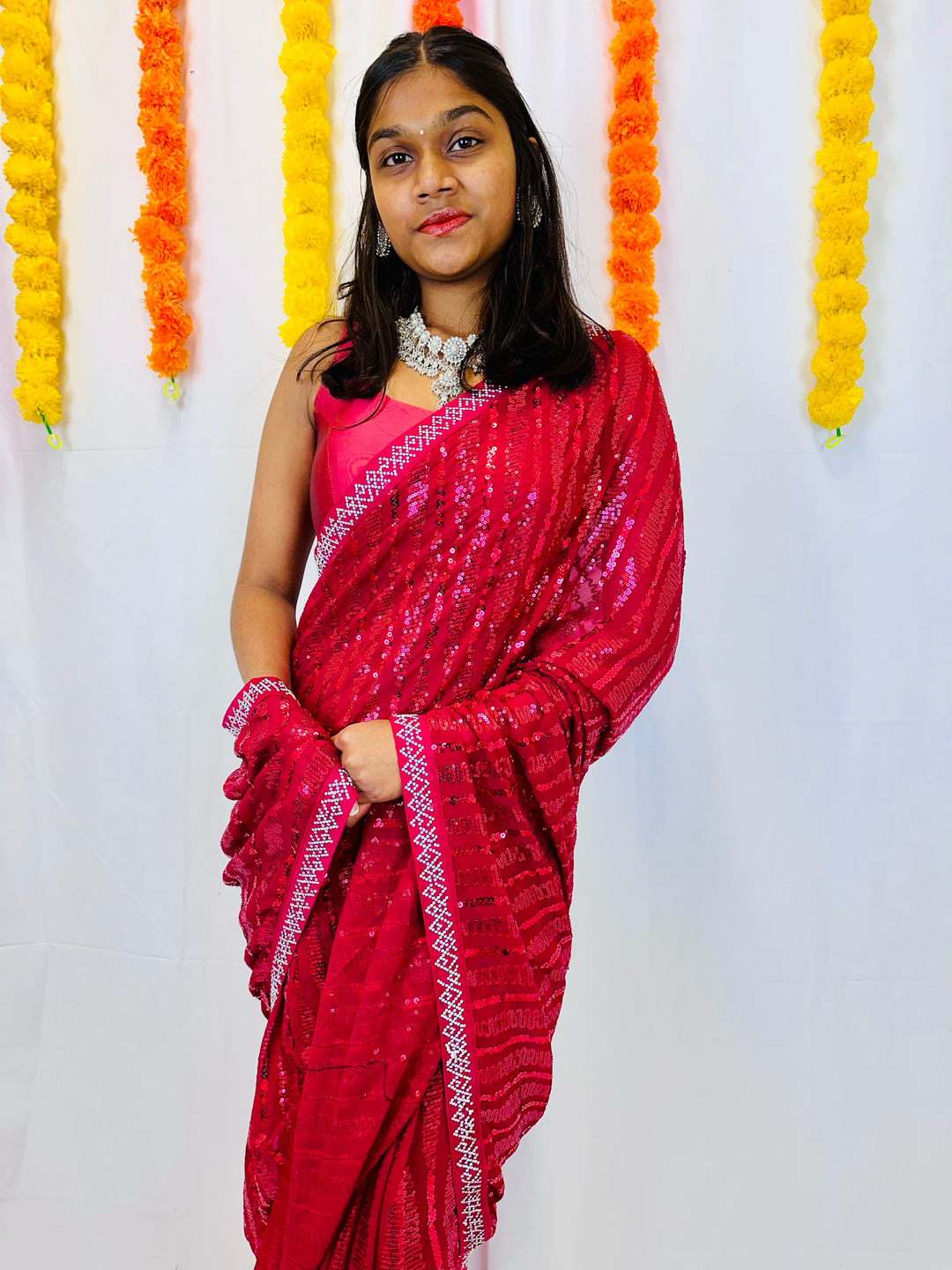 Chiffon Saree with Sparkling Sequin and Diamond Border - Shree Shringar