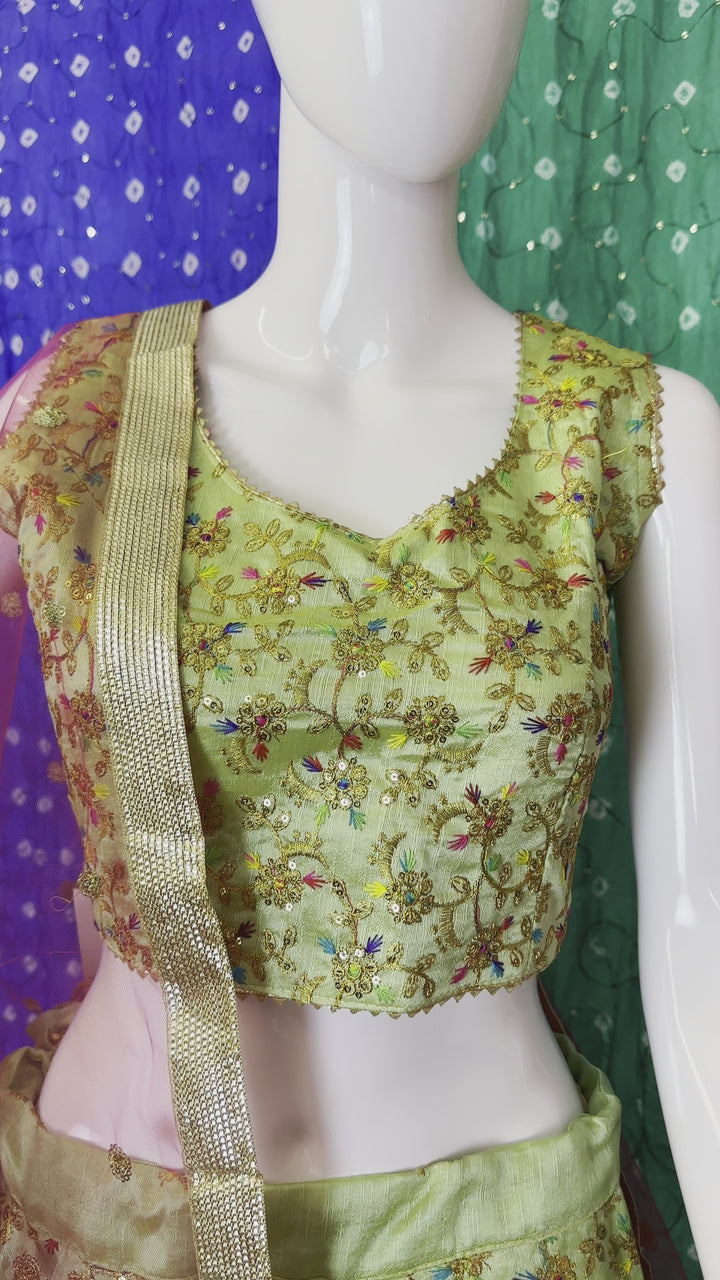 Video of Mint Green Elegant Multicolour Floral Lehenga Choli Set - Adjustable Blouse & Flowy Free-Size Skirt with Delicate Net Dupatta - Shree Shringar