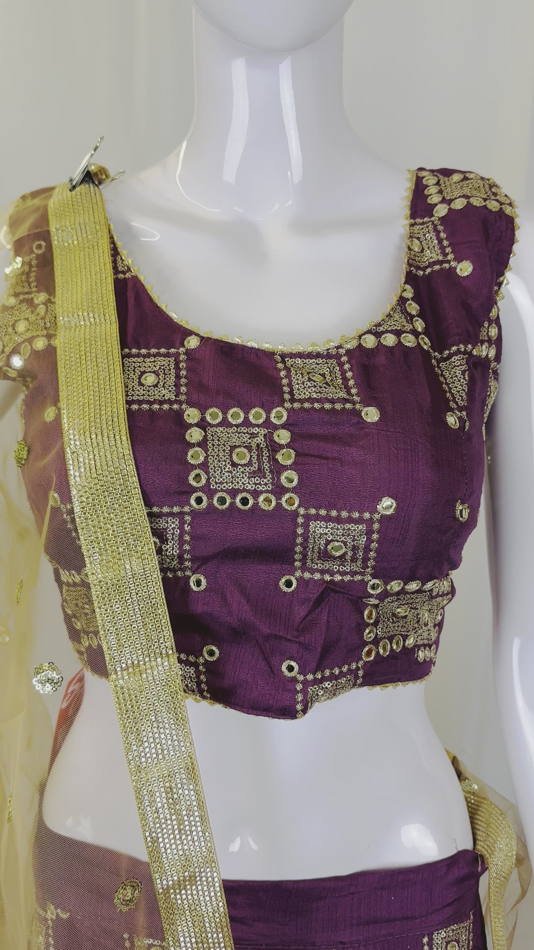 Video of Wine Gold Sequin Lehenga Choli Set - Adjustable Blouse & Free-Size Skirt with Net Dupatta - Shree Shringar