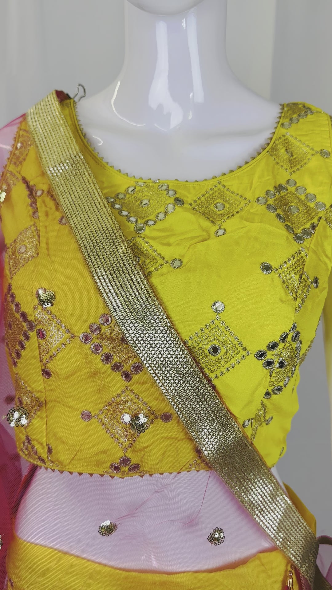 Video of Yellow Gold Sequin Lehenga Choli Set - Adjustable Blouse & Free-Size Skirt with Net Dupatta - Shree Shringar