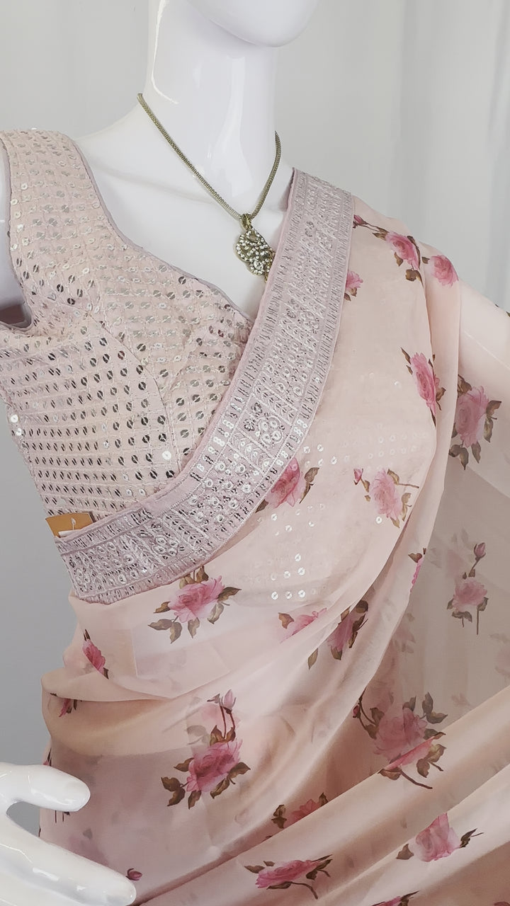 Elegant Chiffon Rose Print Saree with Sequinned Border & Blouse