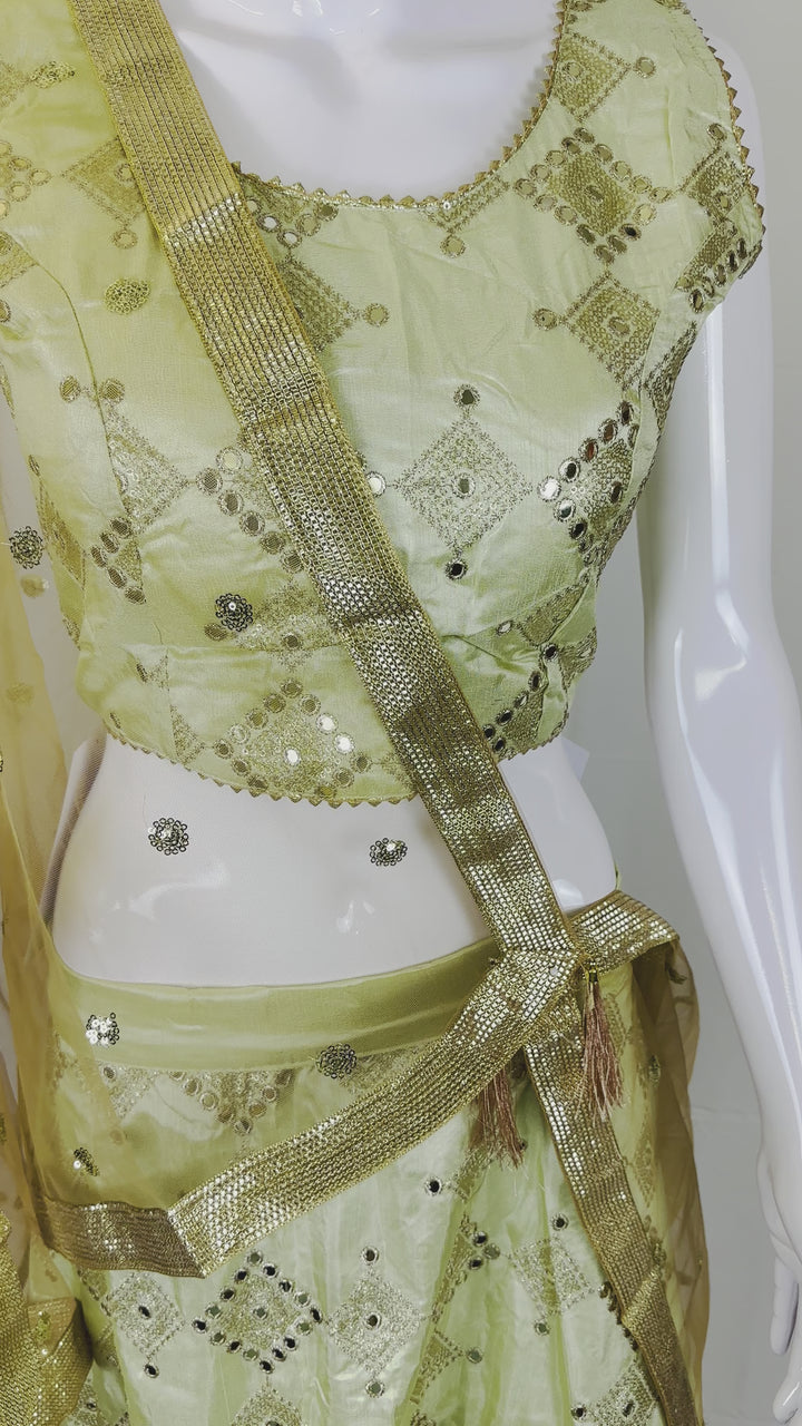 Video of Mint Green Gold Sequin Lehenga Choli Set - Adjustable Blouse & Free-Size Skirt with Net Dupatta - Shree Shringar