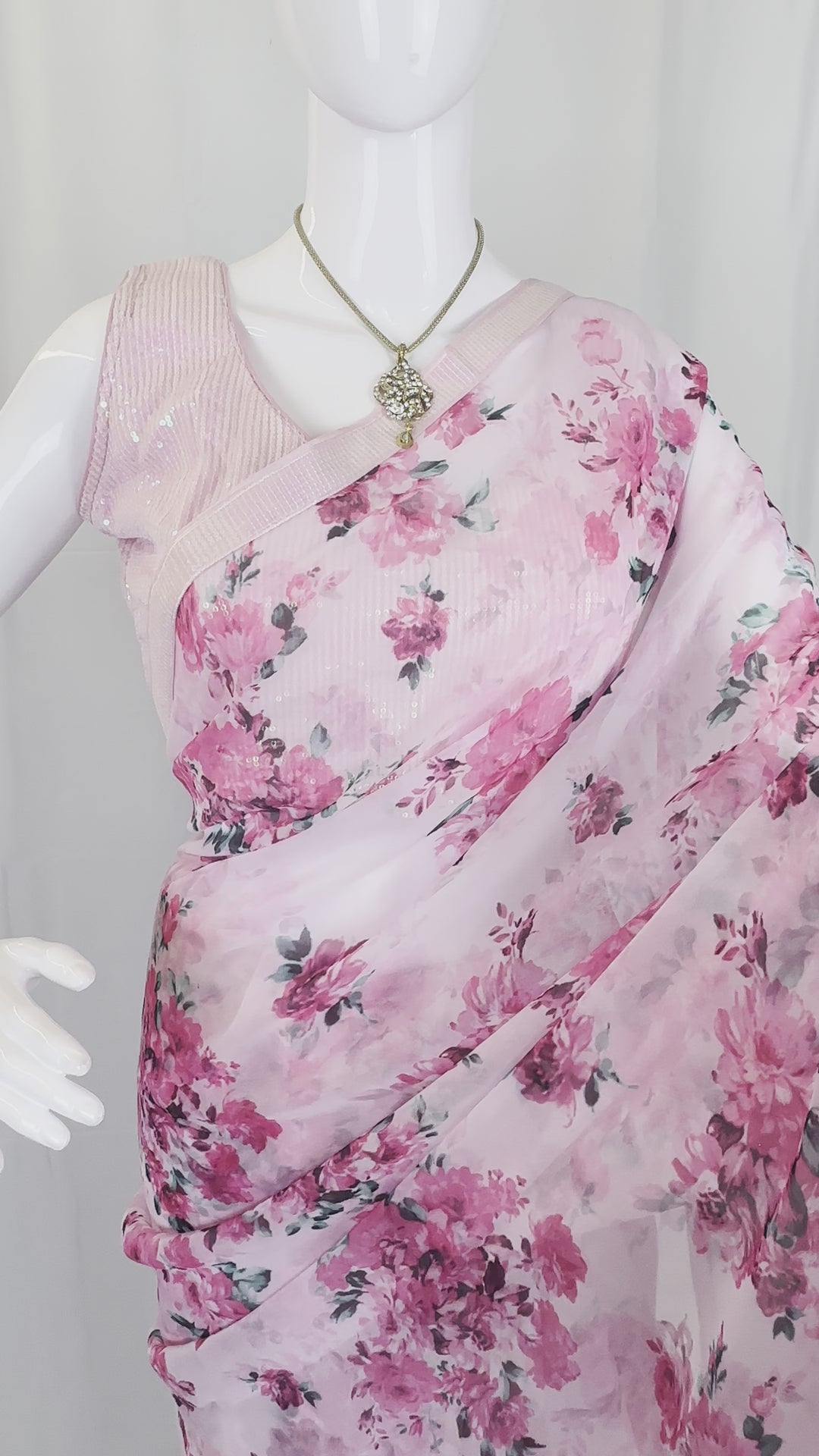 Chiffon Floral Print Saree with Sequin Border & Blouse Set