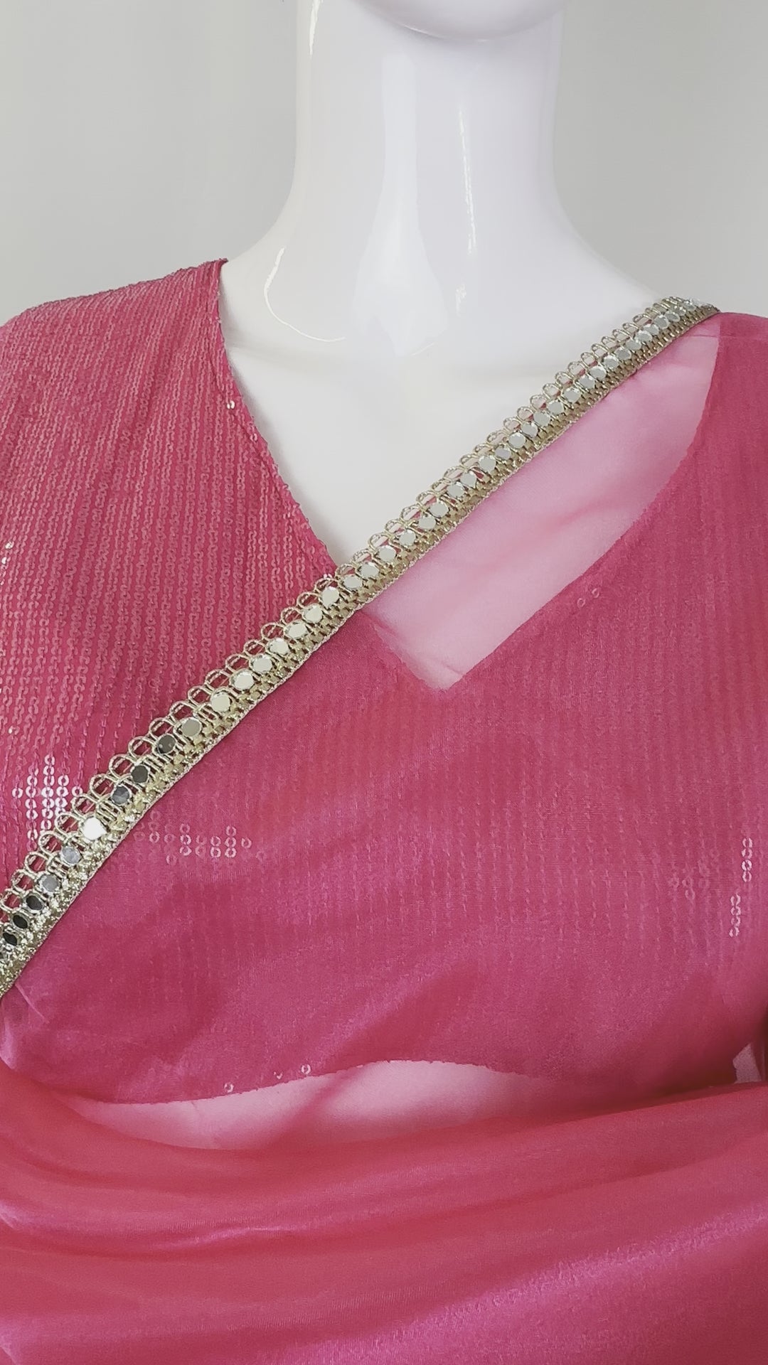 Organza Plain Saree with Mirror Work Border & Sequined Blouse
