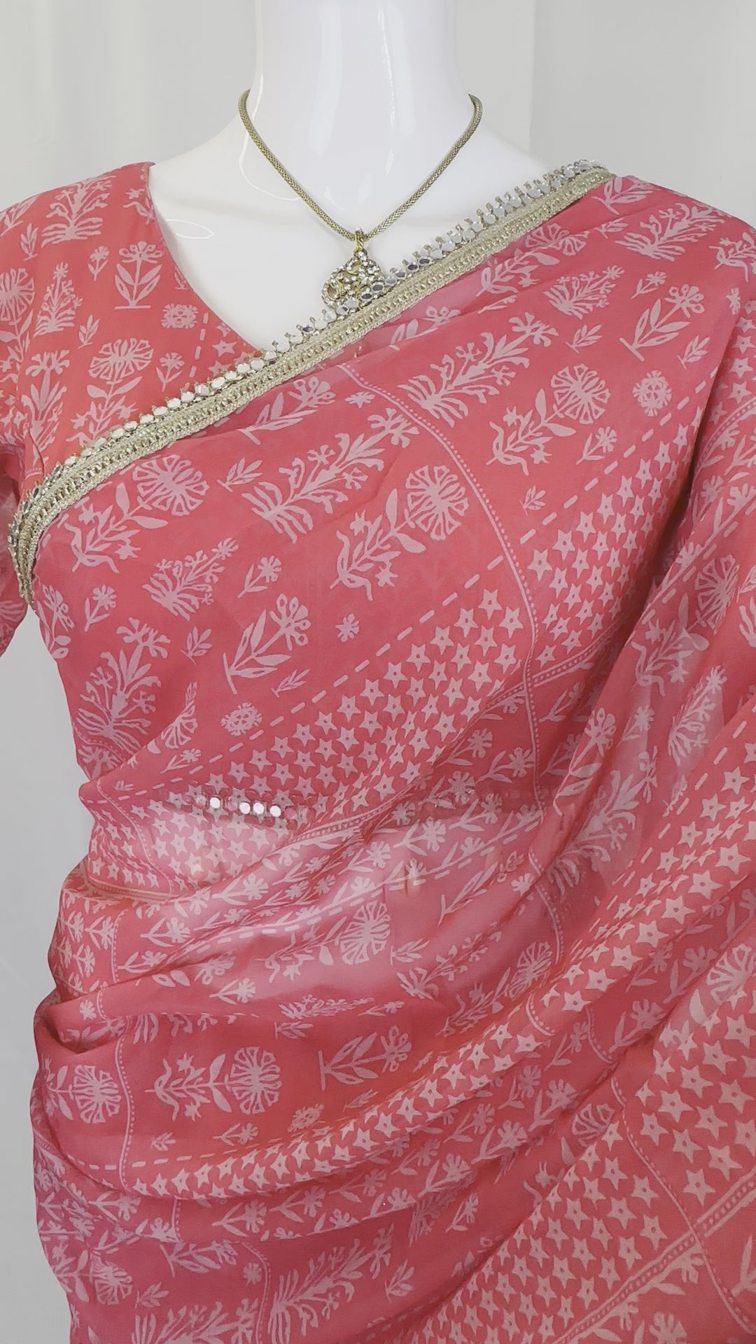 Chiffon Floral Abstract Print Saree with Kodi (Cowrie Shell) Border & Full-Sleeve Blouse